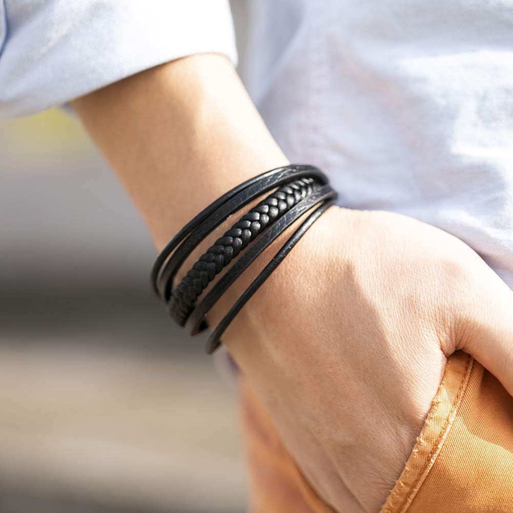Thumbnail 5 de murtoo Herren Armband Edelstahl Echtleder Naturstein Geflochten mit Magnetverschluss