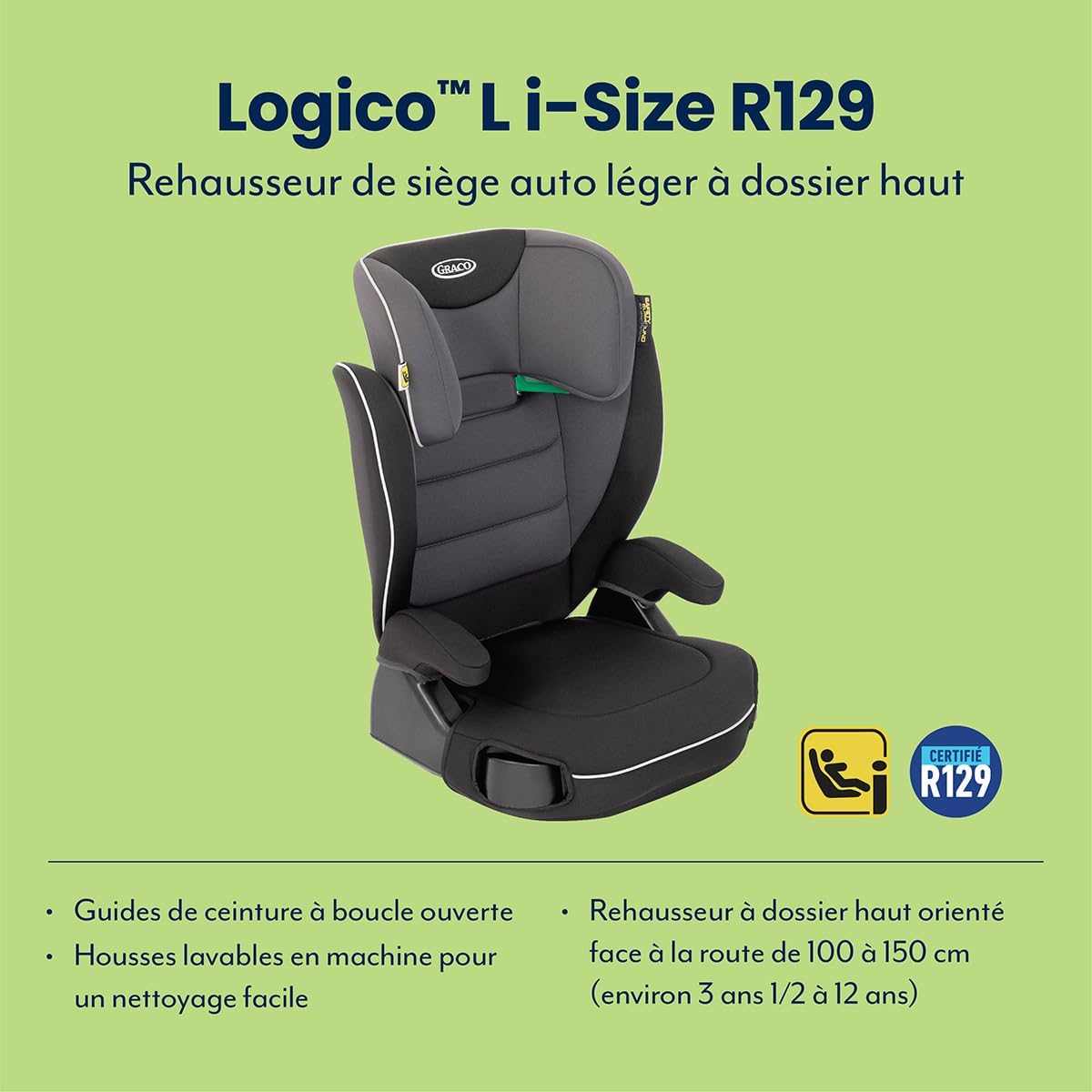 Thumbnail 1 de Graco Logico L i-Size R 129 – Rehausseur auto léger à dossier haut, 100–150 cm, noir Midnight