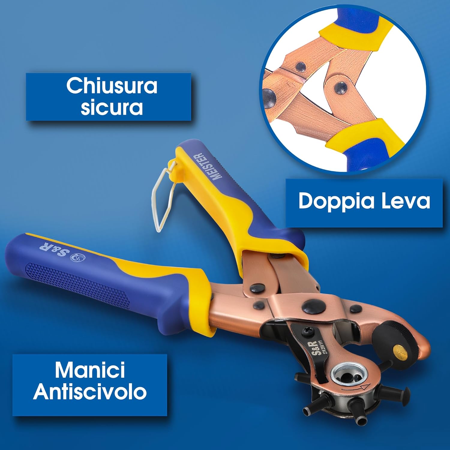 Thumbnail 4 de S&R Fustellatrice Buca Cinture: 6 Fustelle Tonde 2–4,5 mm, Pinza Professionale in Acciaio