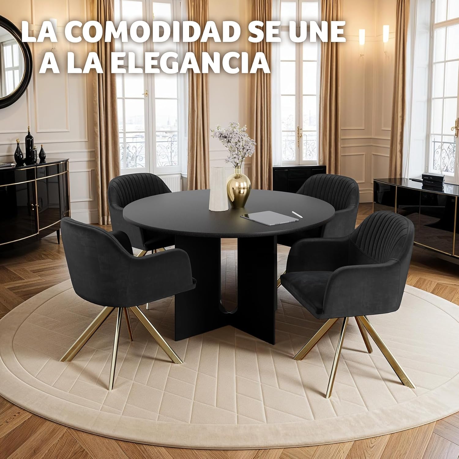 Thumbnail 8 de TecTake® Silla Giratoria Tapizada con Respaldo Continuo🪑 Negro/Oro (4 unidades)