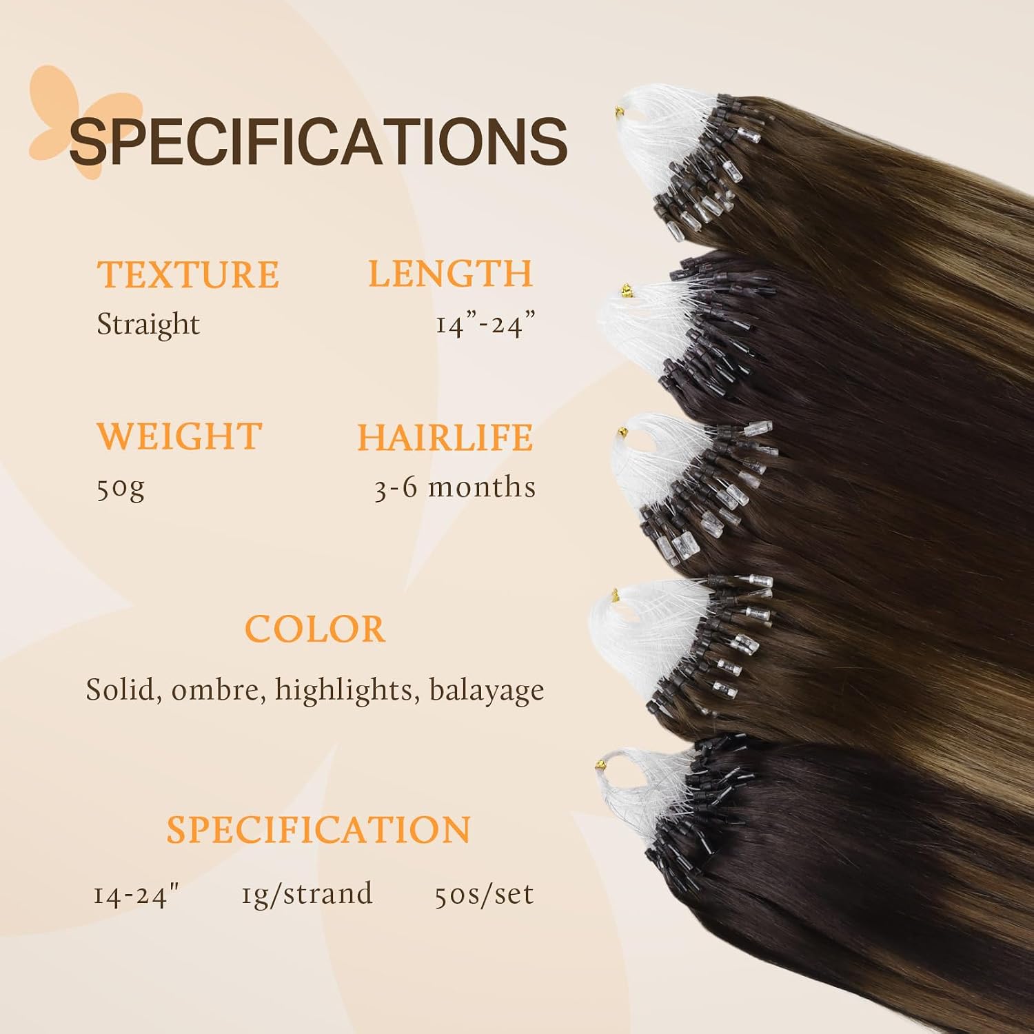 Detalle de DOORES Microlink Hair Extensions Human Hair, Natural Black 22 Inch – Remy Straight Micro Loop Extensions