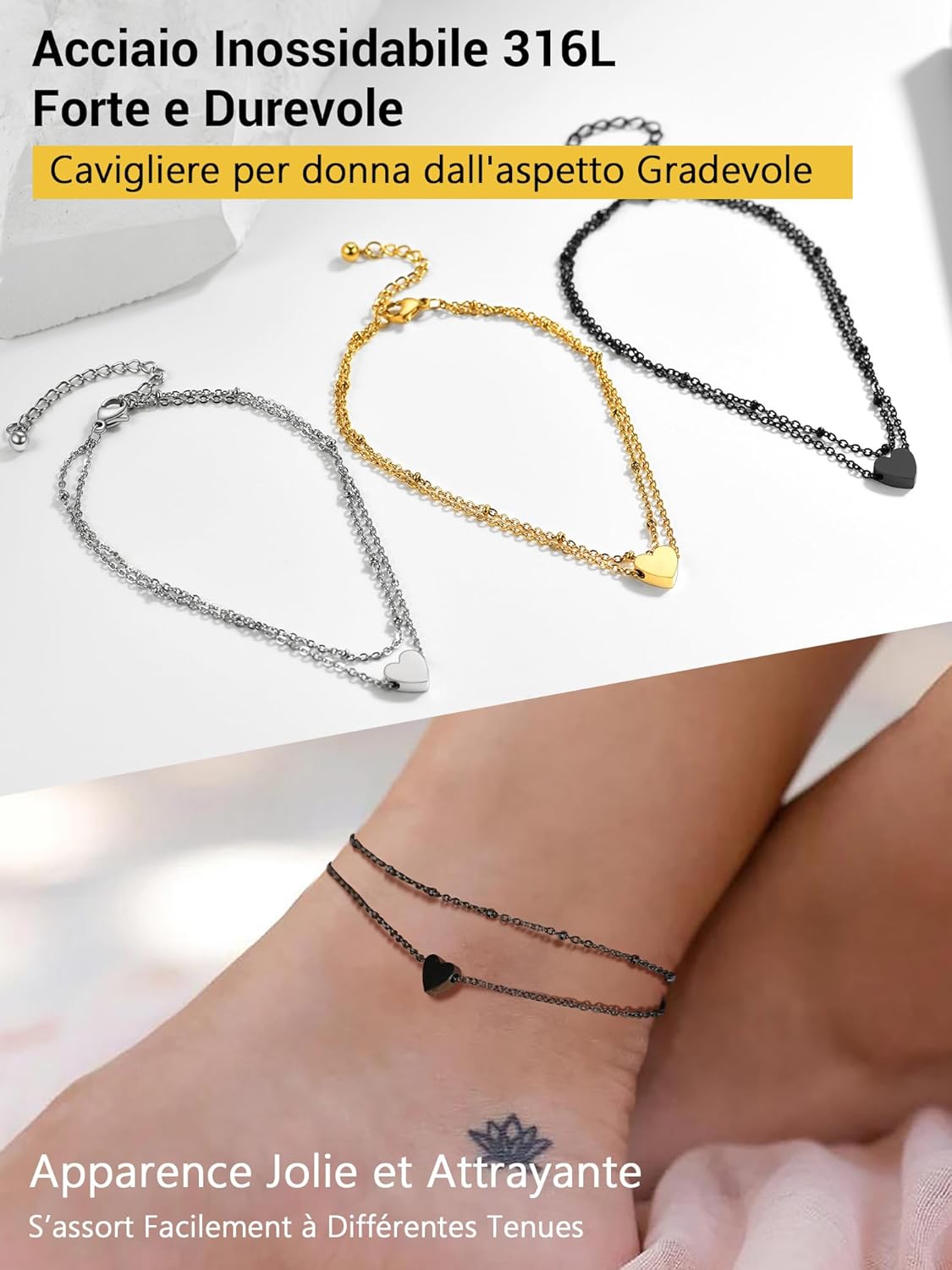 Thumbnail 5 de PROSTEEL Cavigliera a catena regolabile in acciaio (22+5 cm) – set impilabile, estetica tricolore per donna e uomo