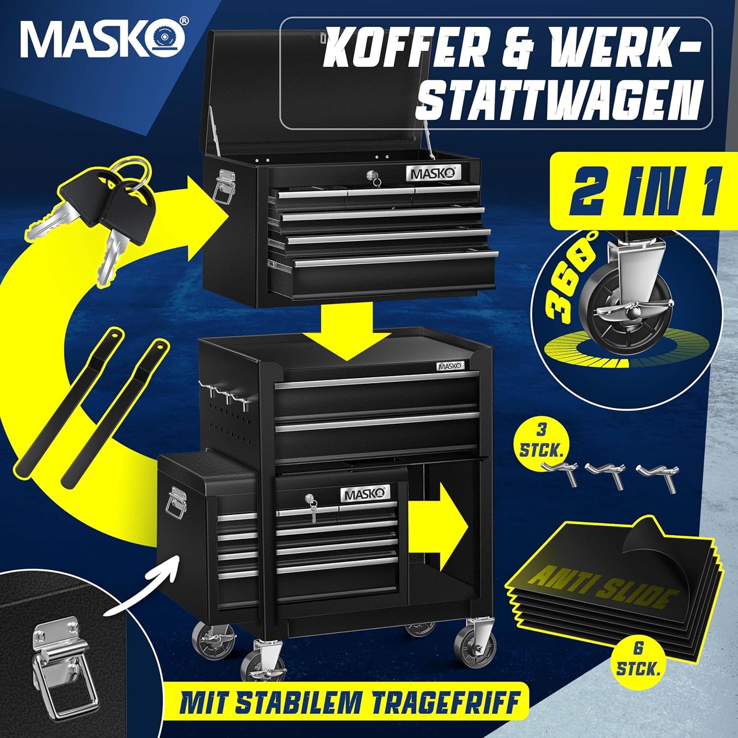 Thumbnail 6 de MASKO Werkstattwagen inkl. Koffer mit Schloss – 9 Fächer, abschließbar, Rollwagen zur Werkzeugaufbewahrung