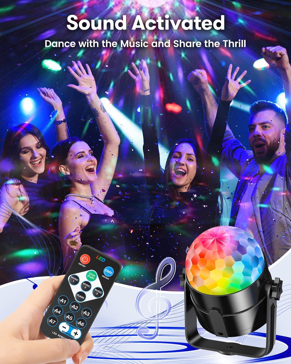 Detalle de RIYO 360° Rotation Sound Activated Disco Ball Lights (2 Pack) with Remote Control