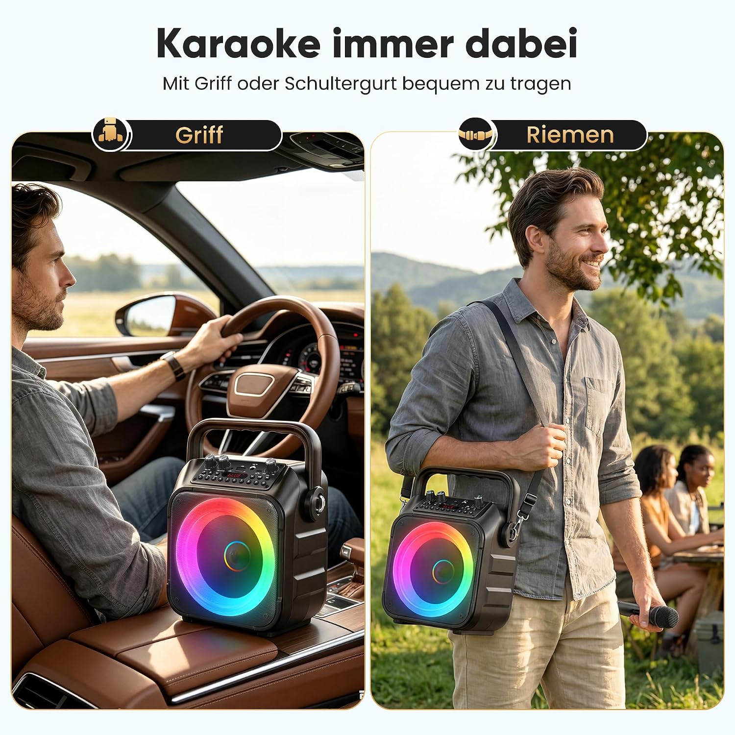 Detalle de Singingmate Karaoke Maschine mit 2 kabellosen Mikrofonen – tragbare Karaoke Box, Bluetooth Lautsprecher, TV-kompatibel
