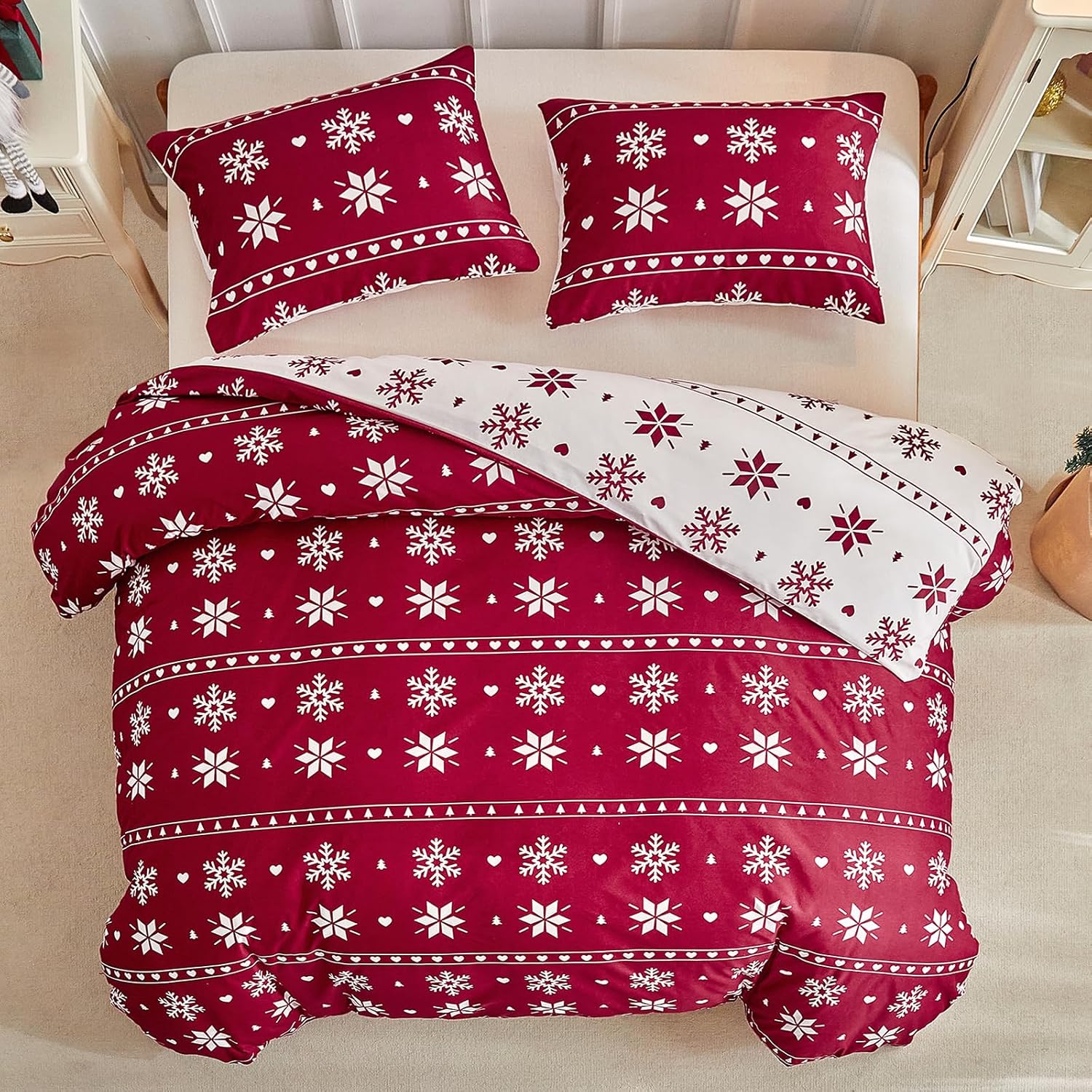 Detalle de Tokokimo rood kerstdekbedovertrek 240 x 220 cm van microvezel met sneeuwvlokken