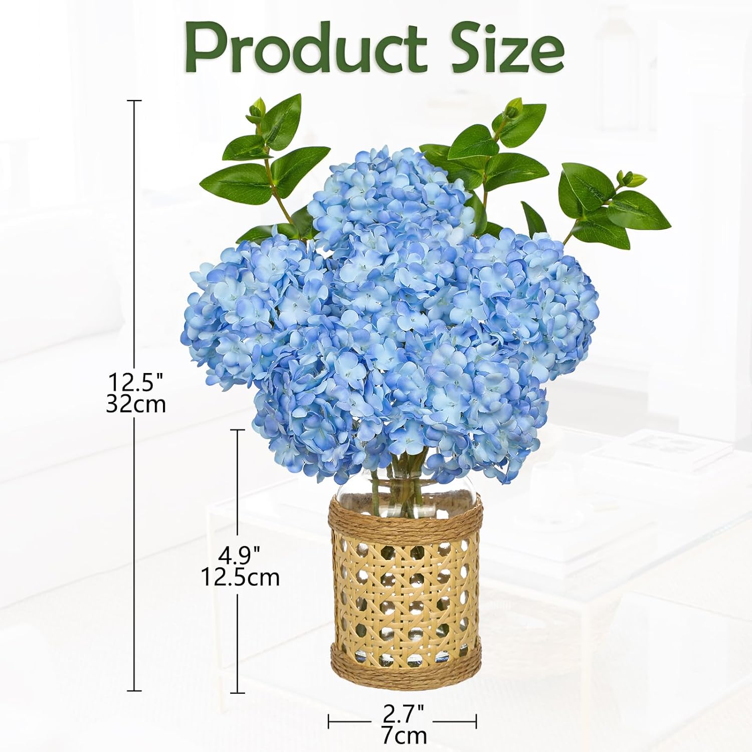 Thumbnail 1 de Oairse Artificial Hydrangea Flowers in Glass Vase with Rattan Cover, 32 cm – Blue Silk Florals for Home & Office Decor