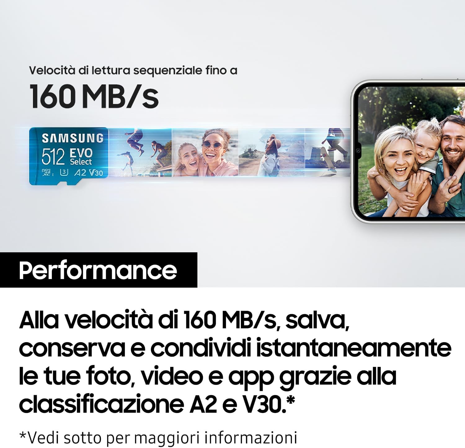 Thumbnail 1 de Samsung Memorie EVO Select microSD da 128GB (UHS-I U3, fino a 160 MB/s) con adattatore SD