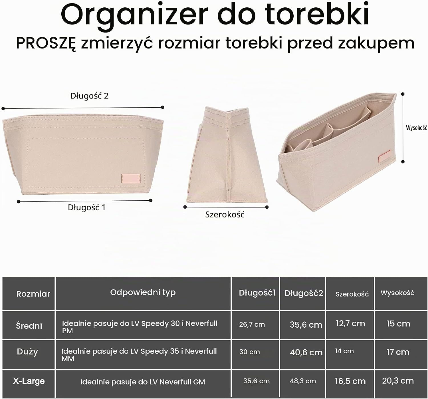 Detalle de Doxo organizer do torebki, filcowy rozmiar M, z zamkiem i 8 przegrodami