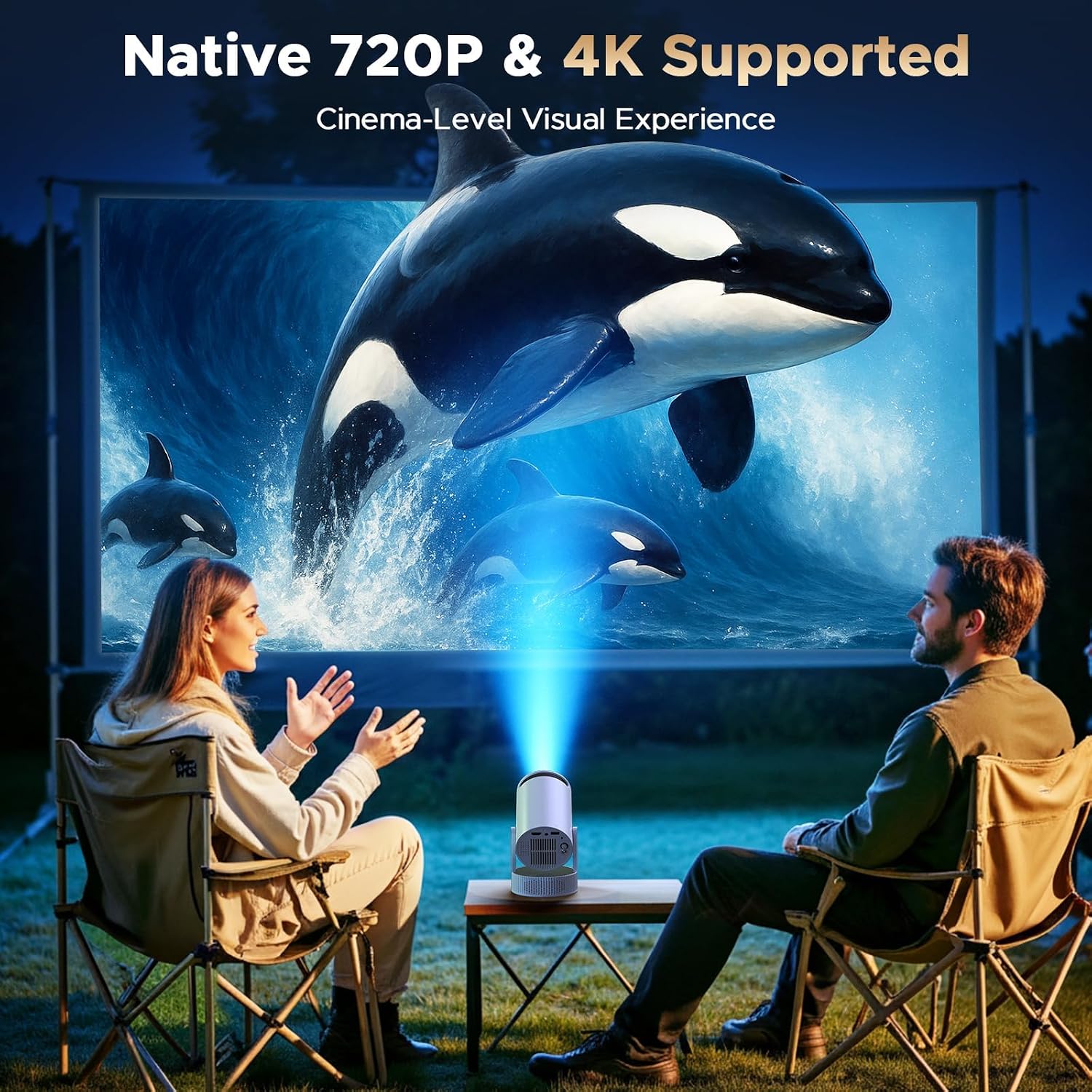 Detalle de 4K Mini Beamer mit Akku: Android 11.0, WiFi 6 & 220° Rotation – Tragbarer Projektor für Heimkino und Outdoor