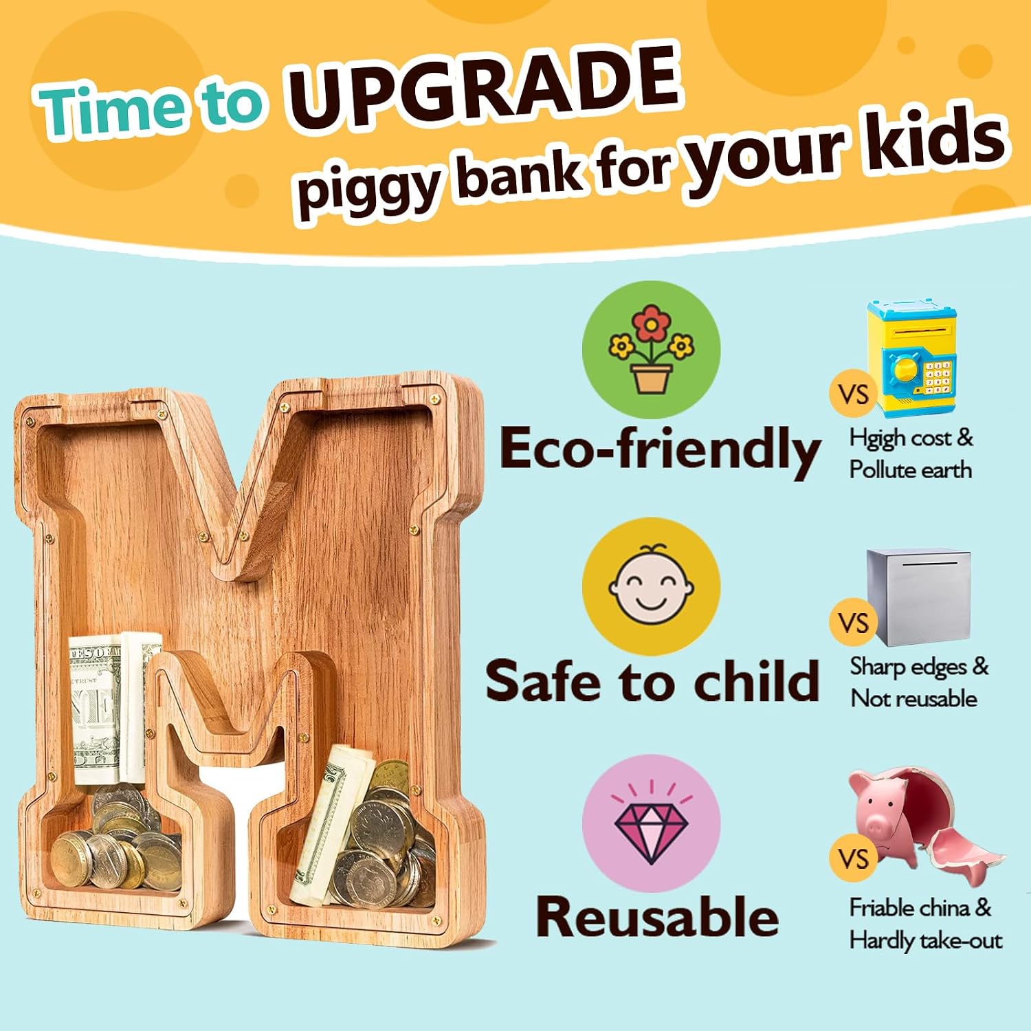 Detalle de SummiDate Wooden Letter Piggy Bank with Personalized Initial (M) – Alphabet Money Bank for Kids