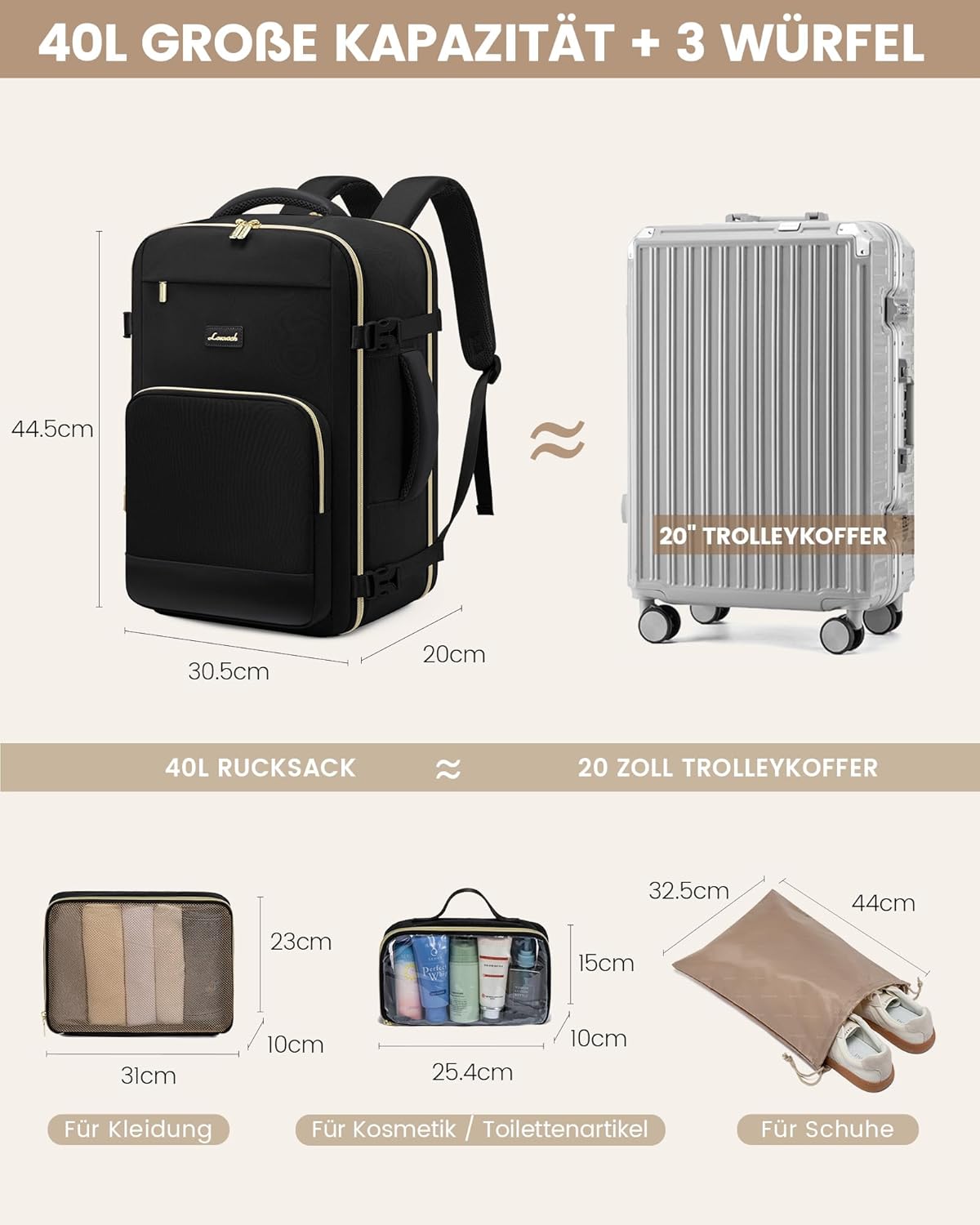 Thumbnail 3 de LOVEVOOK Handgepäck Rucksack 40L – 17,3 Zoll Laptopfach, wasserdicht, 45×30×20 cm