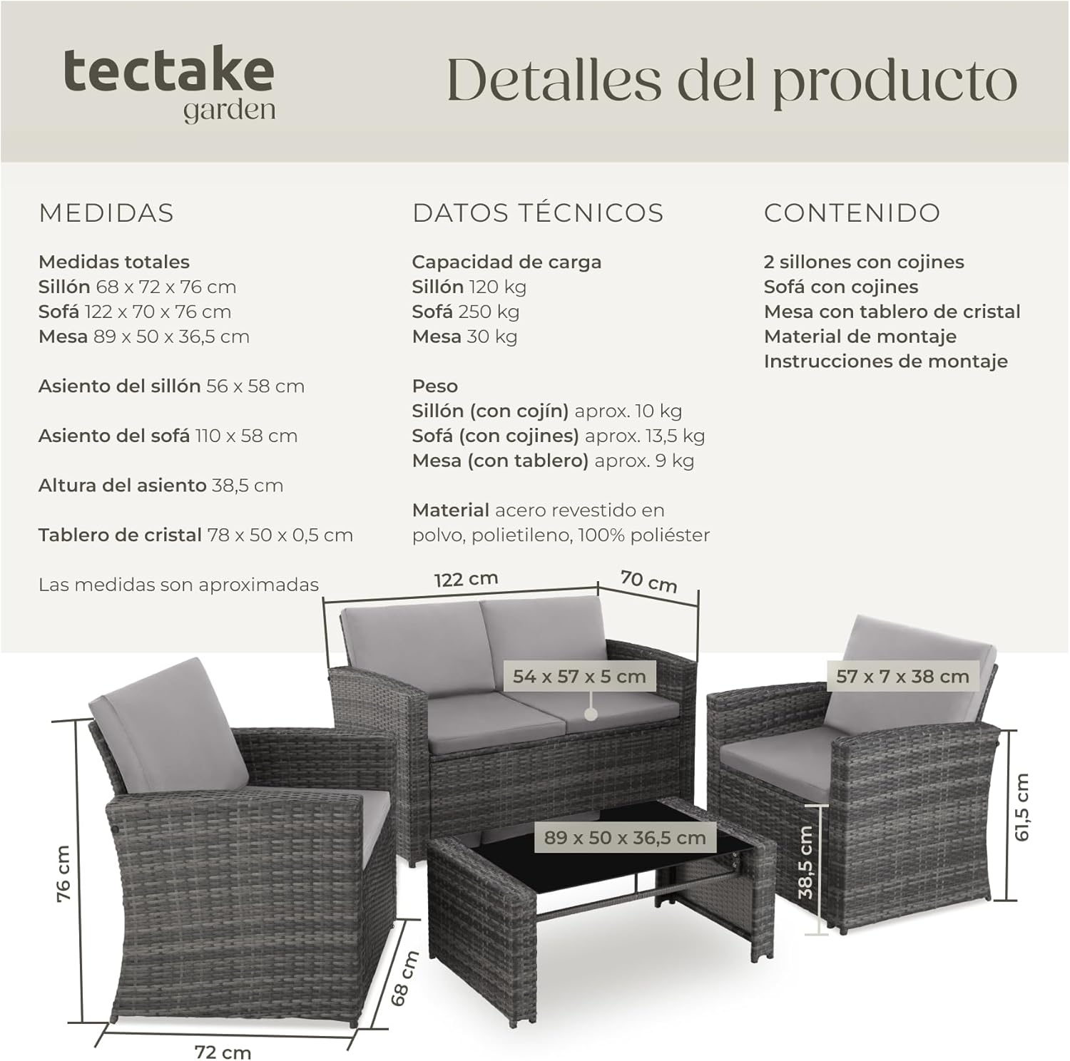 Thumbnail 5 de tectake® Conjunto Jardín Ratán para 4
