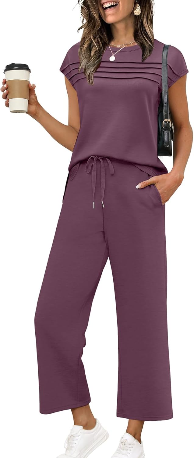 Thumbnail 6 de WIHOLL Two-Piece Cap Sleeve Lounge Set with Wide-Leg Crop Pants (S–3XL)