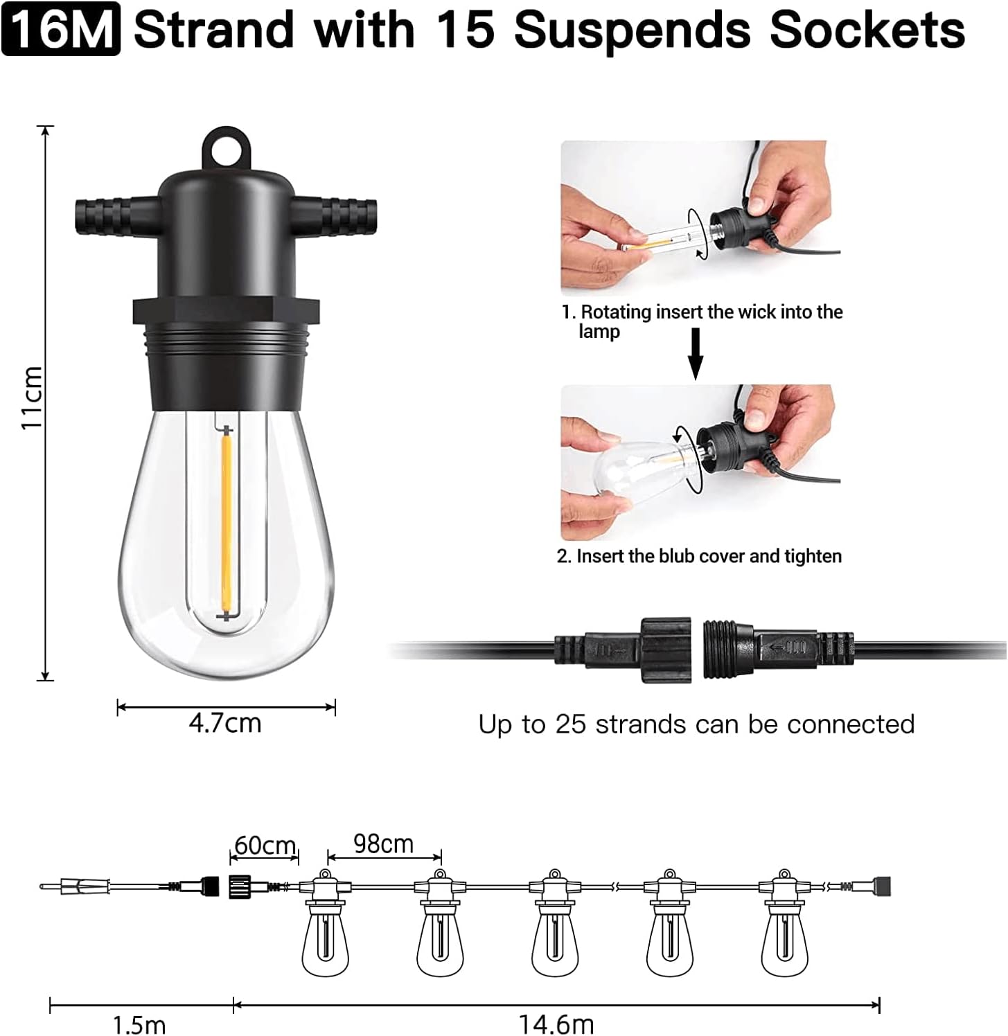 Thumbnail 3 de GlobaLink catena luminosa da esterno LED collegabile S14 con 15+1 lampadine infrangibili IP65, bianco caldo