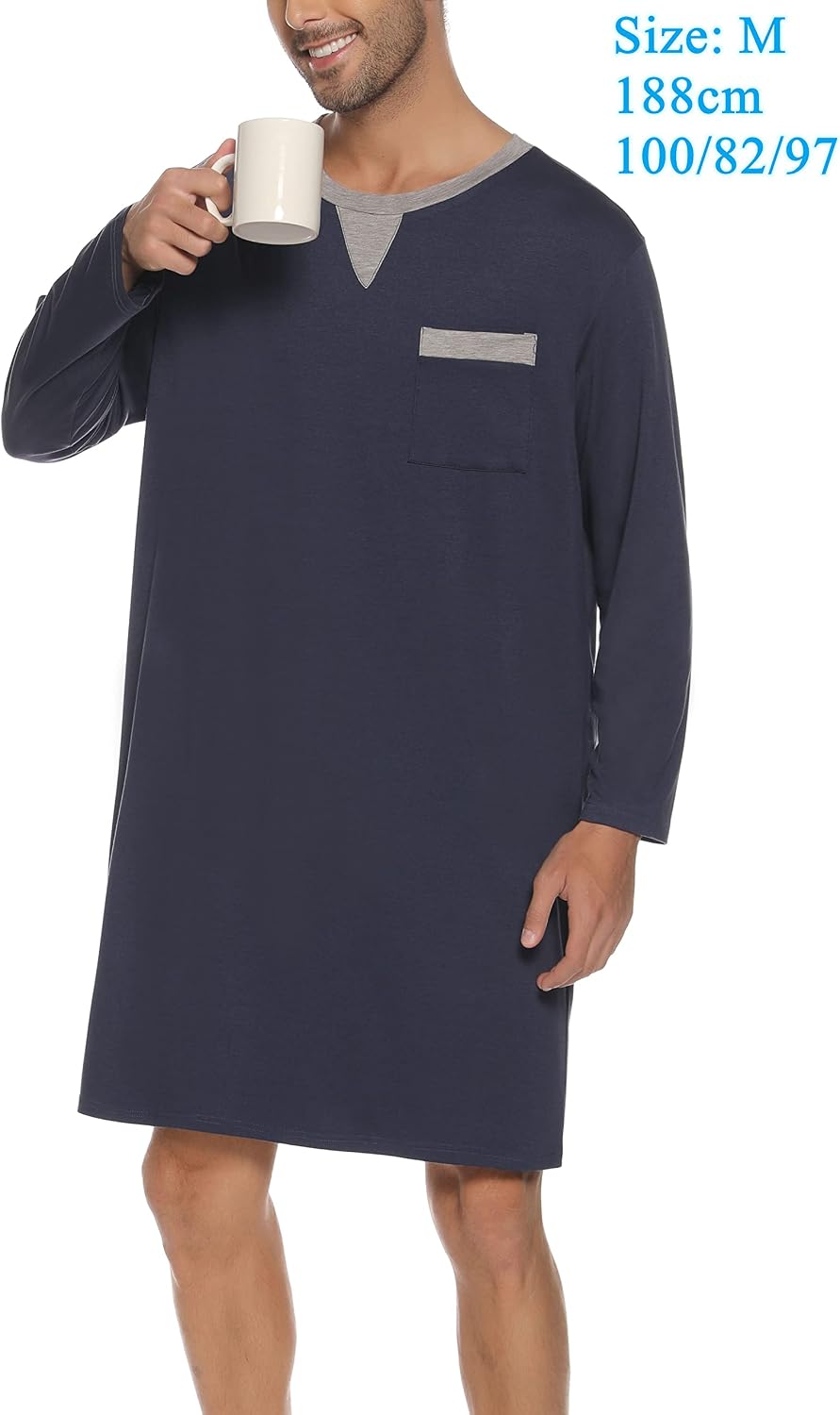 Detalle 2 de Yukiuiny Men's Knee-Length Cotton Pyjama Top – Breathable, Soft Sleepwear for All-Night Comfort