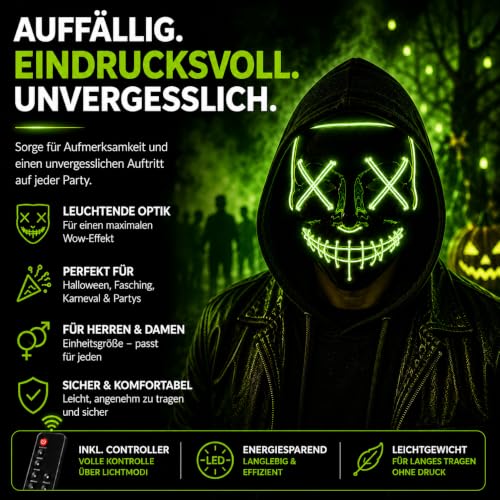 Thumbnail 6 de Costumed Purge LED-Maske in Grün mit steuerbaren Leuchtmodi für Halloween