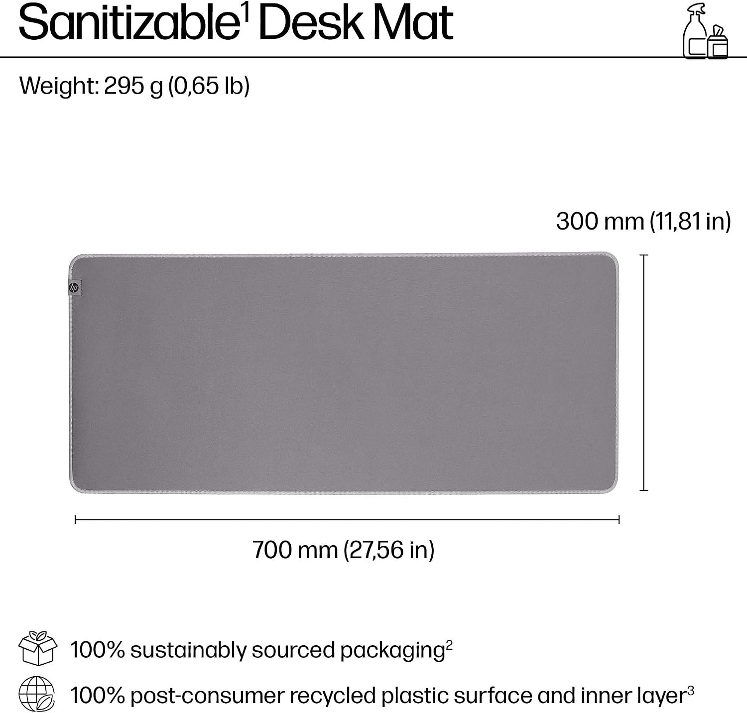 Detalle de HP 200 Sanitizable Desk Mat – Anti-slip, Durable, and Spill-Resistant (300mm x 700mm x 2mm) in Grey