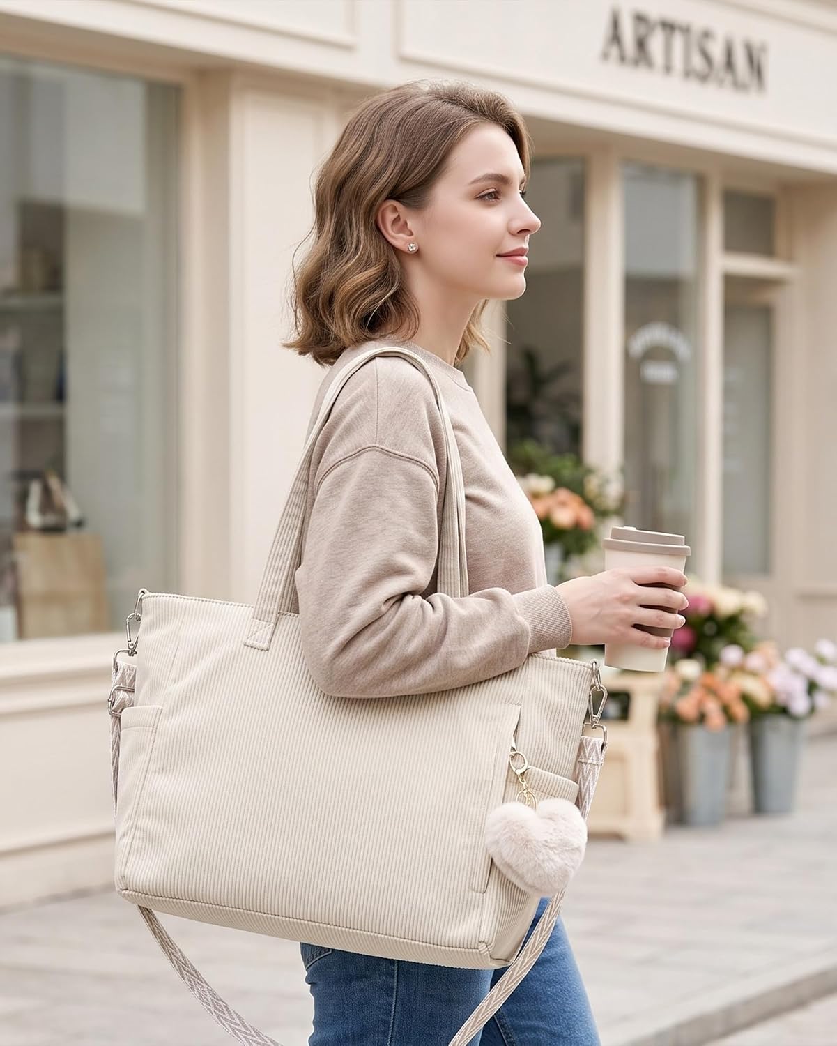 Detalle de Makukke Corduroy ribfluwelen shopper met ritssluiting, 44 x 32 x 16 cm
