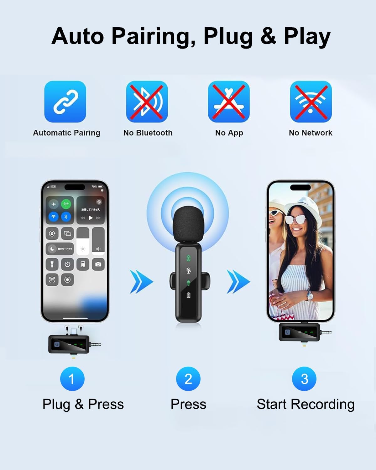 Detalle de AUJQMYCA MF001 Wireless Lavalier Microphone with 3-in-1 Connector