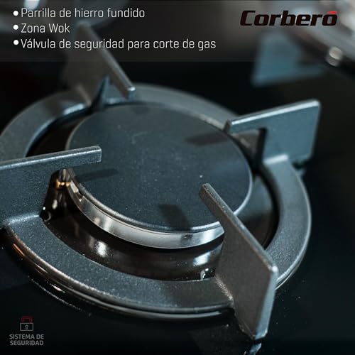 Detalle de Corberó CPCGY2303N: Placa de Cristal a gas butano, 3 fuegos y zona Wok en negro