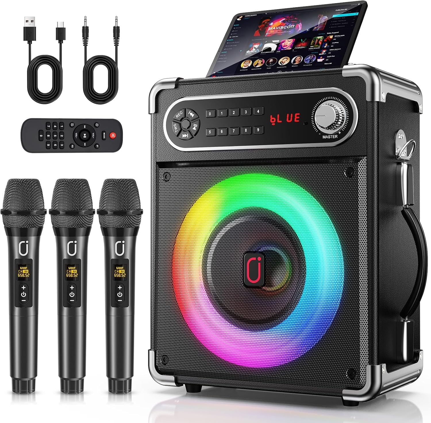 Detalle de HWWR Karaoke Machine with 3 Wireless 0-Delay Microphones, 5.25-Inch Woofer