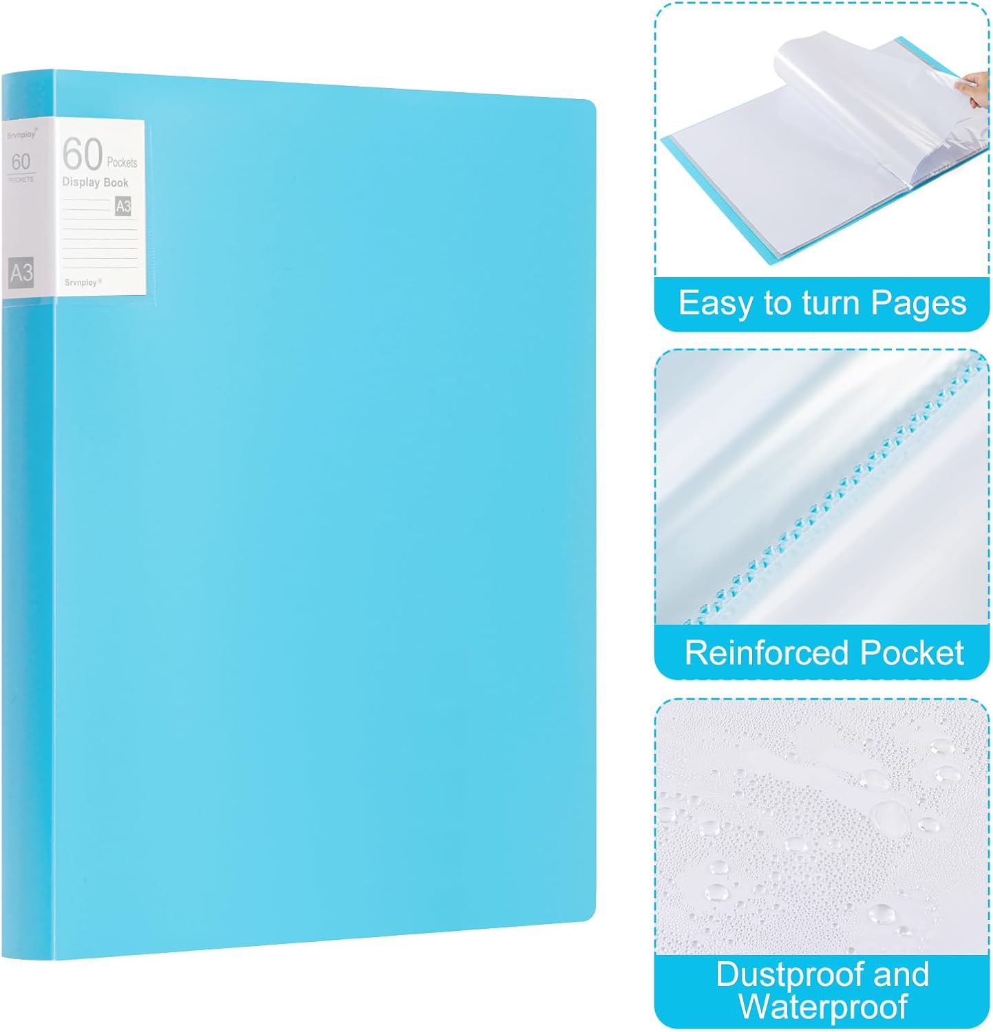 Thumbnail 3 de Porte-vues A3 Srvnpioy – Lot de 2 livrets avec 60 pochettes (120 vues) en polypropylène bleu