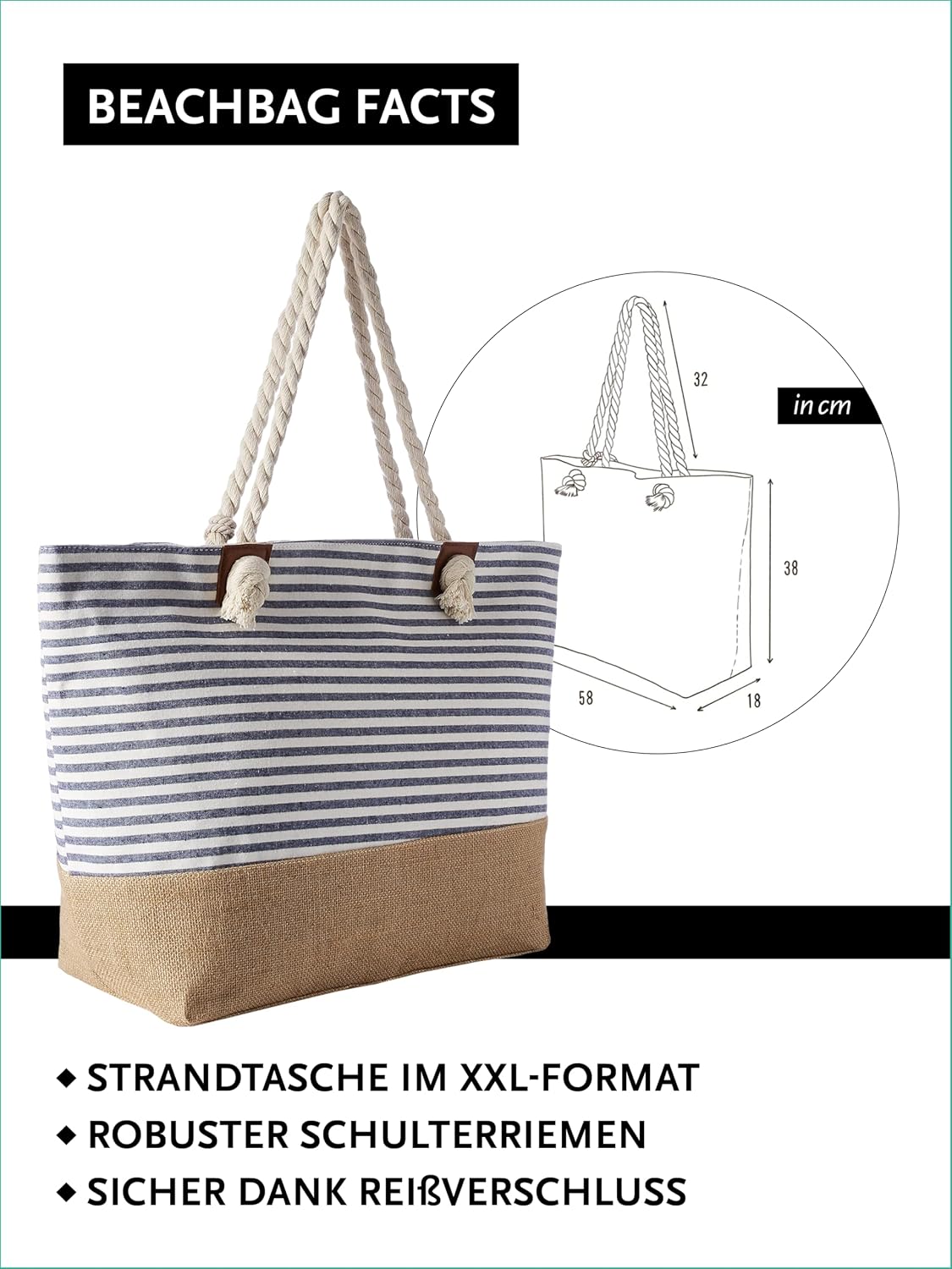 Detalle de DonDon Strandtasche mit Reißverschluss (XXL) – Shopper/Umhängetasche für Strand, Bad & Sauna