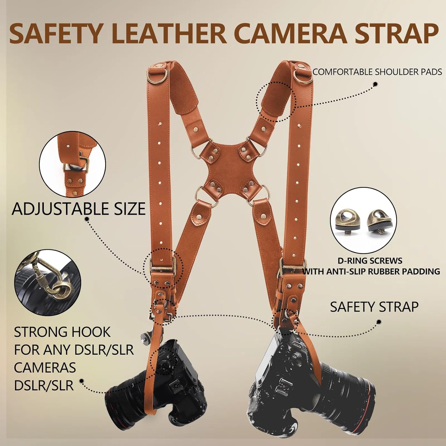 Detalle de 4J LEDR Dual Shoulder Leather Dual Camera Harness Strap for DSLR/SLR