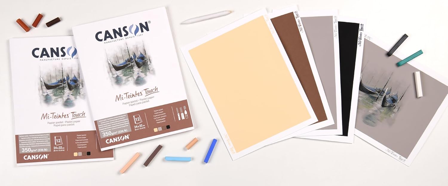 Detalle de Canson Mi-Teintes Touch Blocco Collato Lungo 24 x 32 cm – 12 fogli, 4 colori assortiti (Crema, Grigio, Seppia, Nero) 350 g/m²
