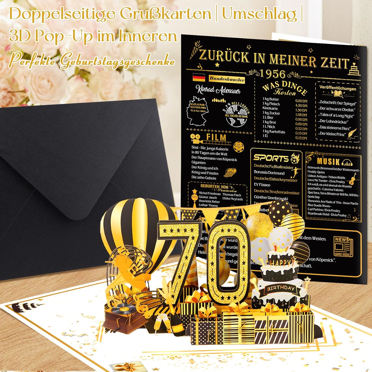 Detalle de OLOSONG Geburtstagskarte 70 – 3D Pop-up Klappkarte mit Umschlag, goldener Deko „70“