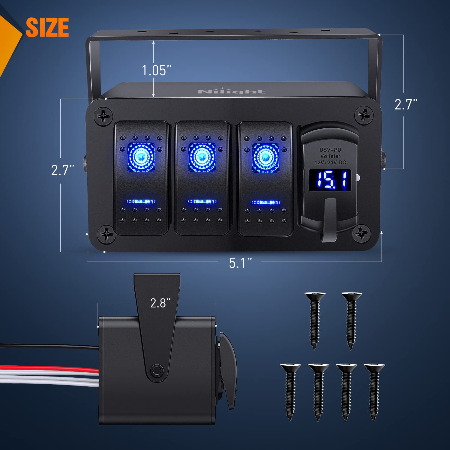 Detalle 2 de Nilight 3 Gang Rocker Switch Panel with PD Type-C 🔌