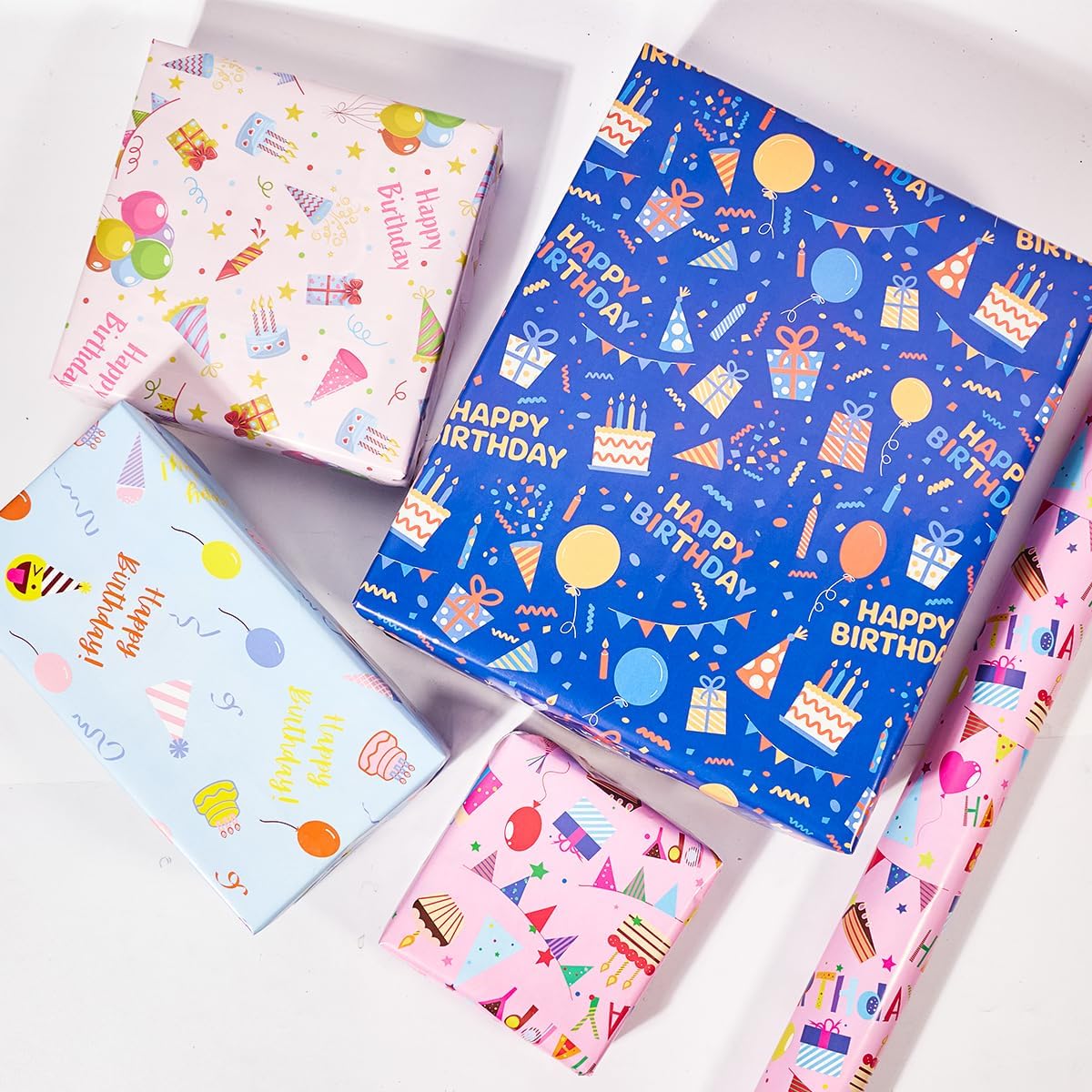 Detalle de Birthday Wrapping Paper Sheets — 8x 51 x 74 cm, 4 Colourful Designs
