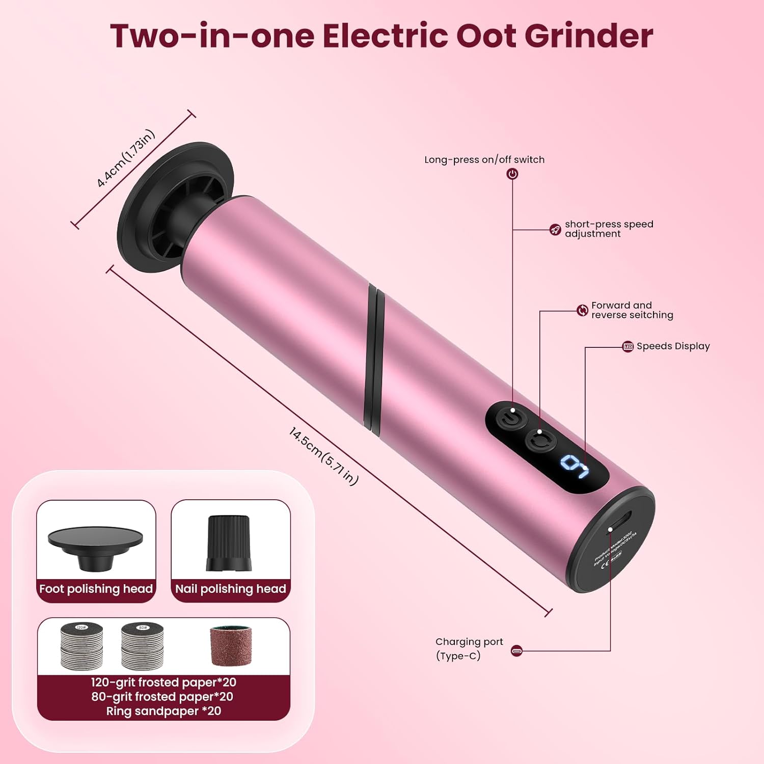 Thumbnail 2 de PKBD pedicure elettrico 2-in-1 ricaricabile con display LCD, 9 velocità (rosa)