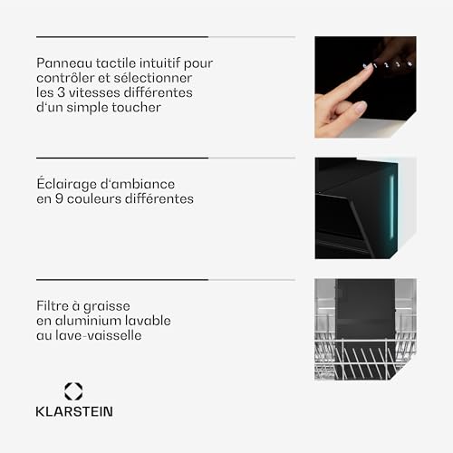 Detalle de Klarstein Alina : hotte murale 90 cm – 615 m³/h, éclairage LED 9 couleurs, contrôle tactile, mode extraction ou recirculation