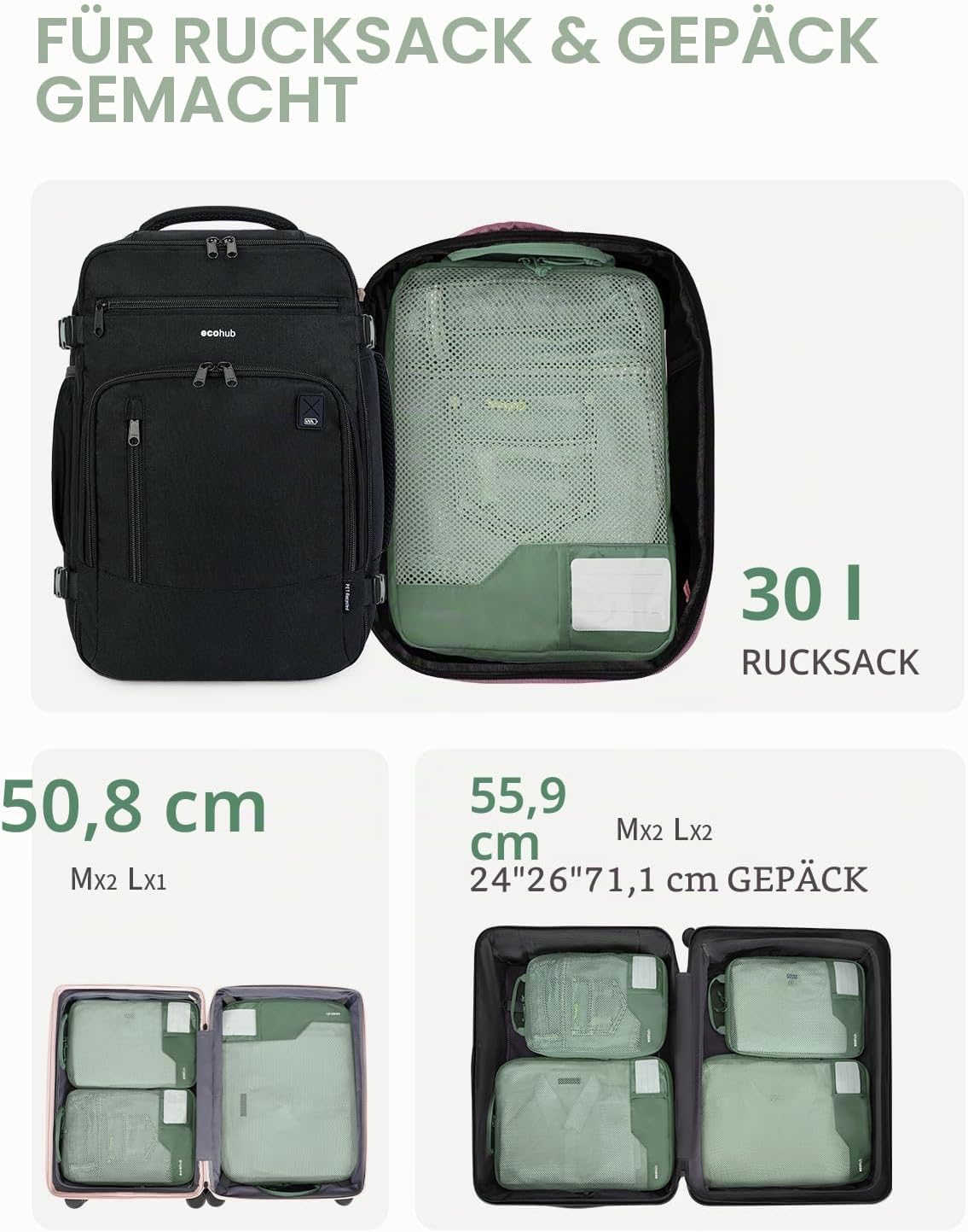 Thumbnail 5 de ECOHUB 4-teiliger Kompressions-Koffer-Organizer Set mit Packwürfeln und Tag (Grün)
