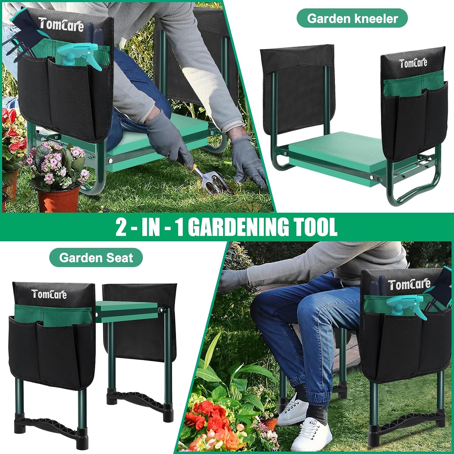 Detalle de TomCare Garden Kneeler and Seat: Wider 10.64” Pad, 400 lb Capacity, Foldable with Dual Tool Pouches