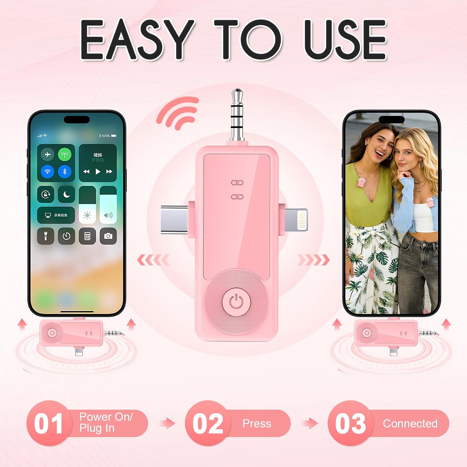 Thumbnail 2 de Therivo WLM-00 Wireless Lavalier Microphone, 3-in-1 Receiver, Pink 2-Pack
