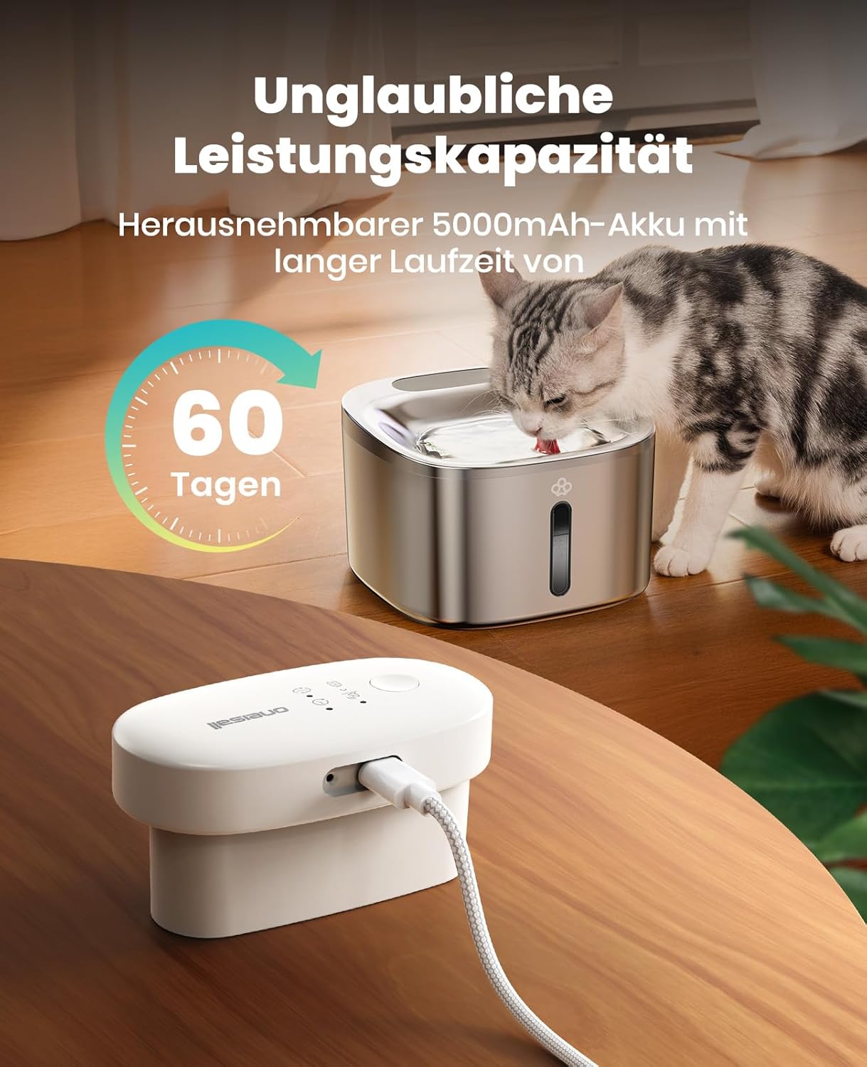 Detalle de oneisall Katzenbrunnen Kabellos 3.5L – Edelstahl, 5000mAh, Bewegungsmelder, leise Pumpe