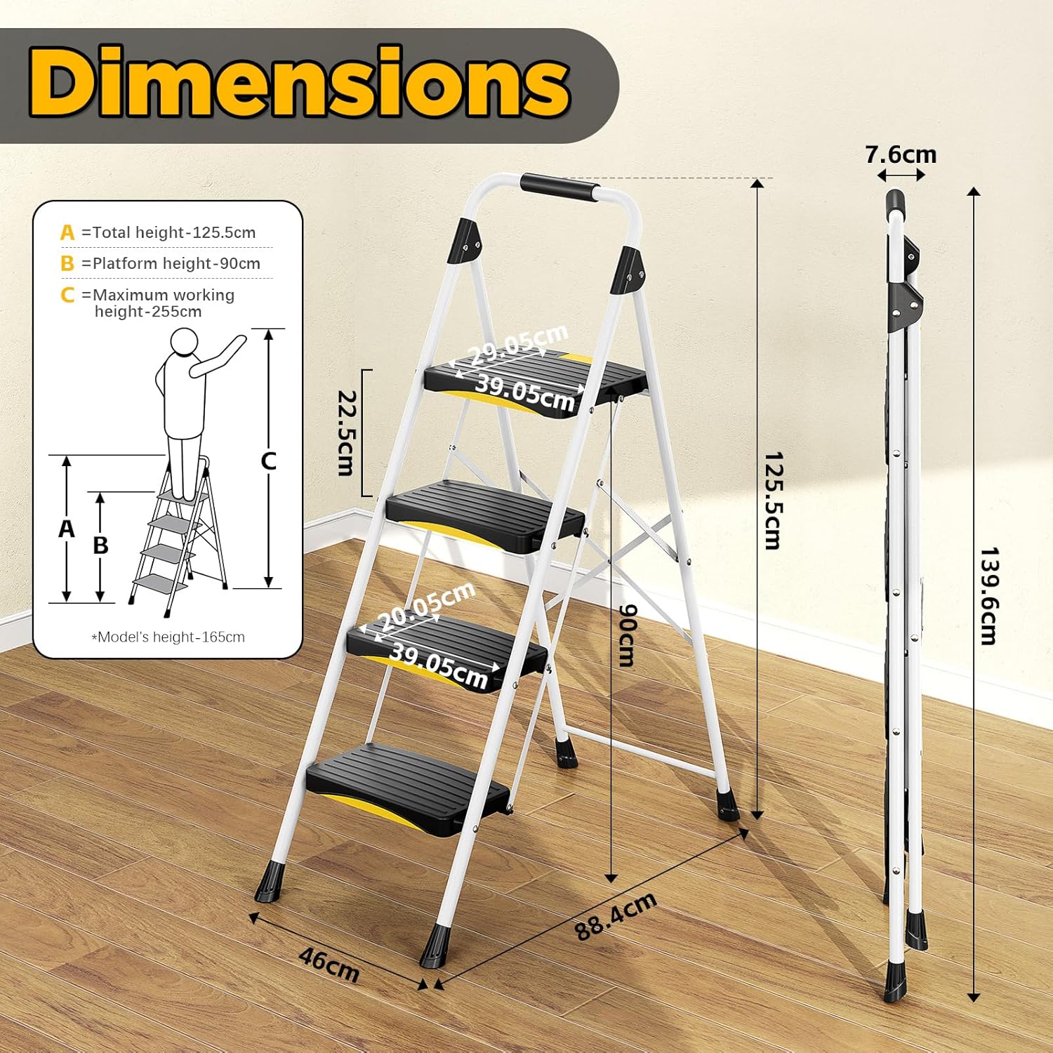 Thumbnail 6 de Urackify Step Ladder (4 Steps): Folding Steel Ladder with Safety Lock, Anti-Slip Pedals and 150 kg Capacity