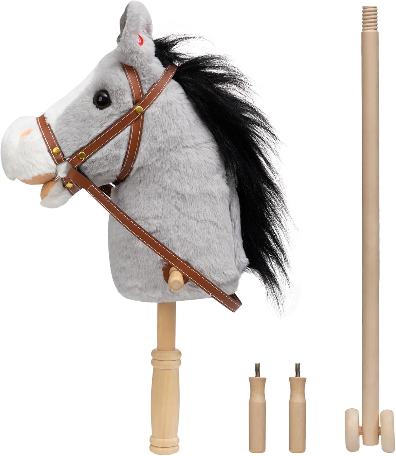 Thumbnail 5 de HollyHOME Stick Horse with Wood Wheels – 91cm Grey Plush Hobby Horse