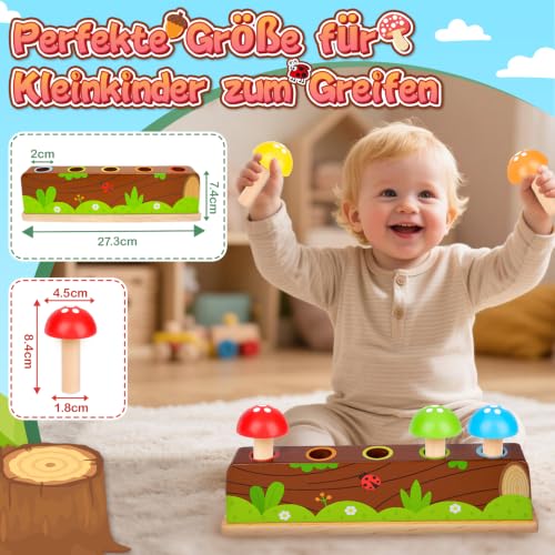 Detalle 2 de Molleyzi Montessori Pop Up Holzspielzeug ab 12–18 Monaten – Motorikspielzeug mit 5 Pilzen