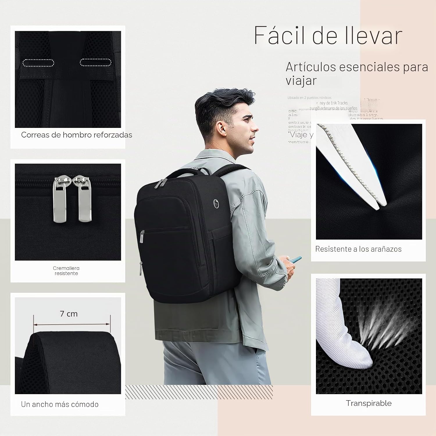 Detalle de RuoSien Mochila de Cabina 40x30x20 cm para Ryanair: organización inteligente y comodidad en viaje