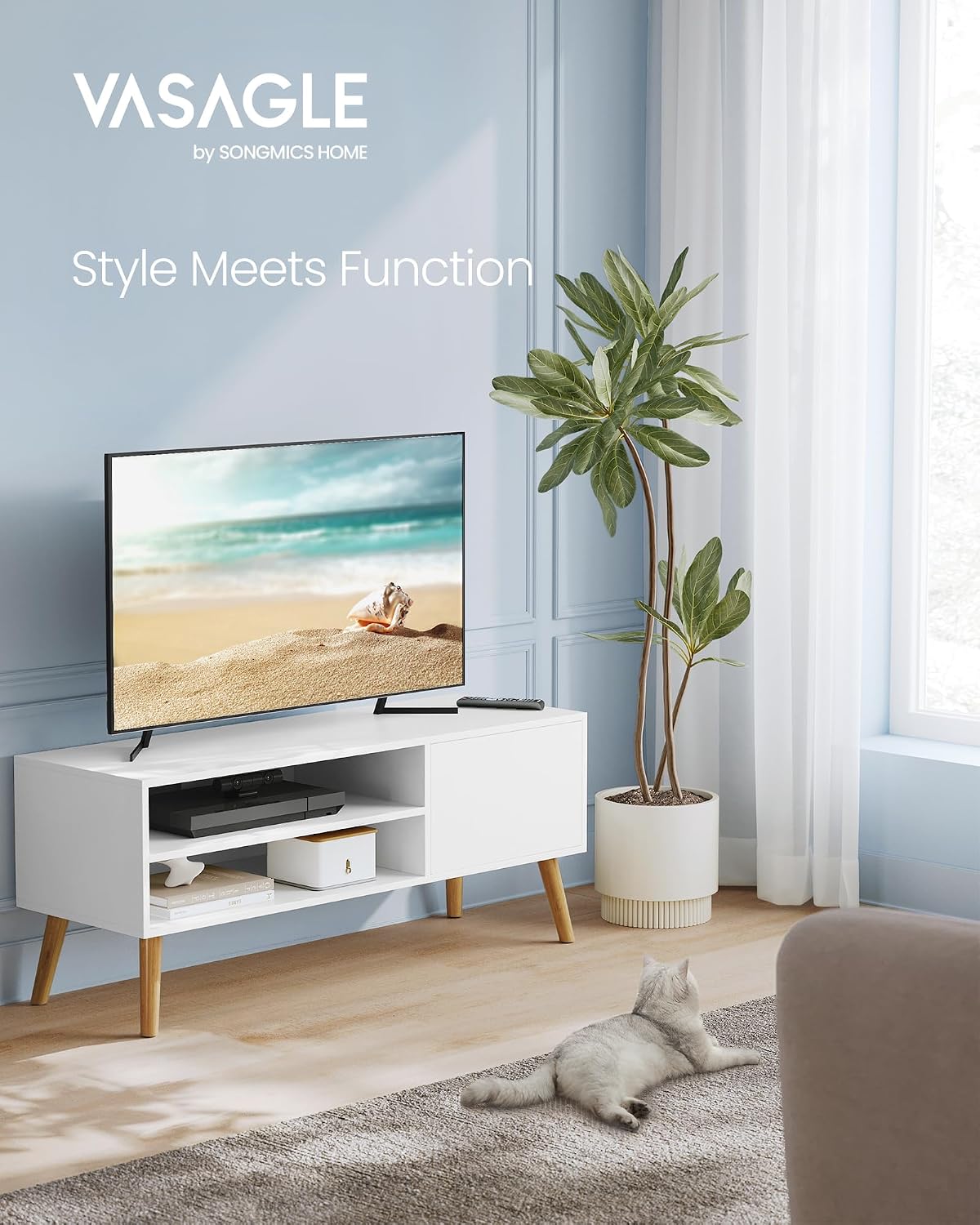Detalle de VASAGLE LTV120T46 TV Stand, 120 cm White Cabinet with Mid-Century Style