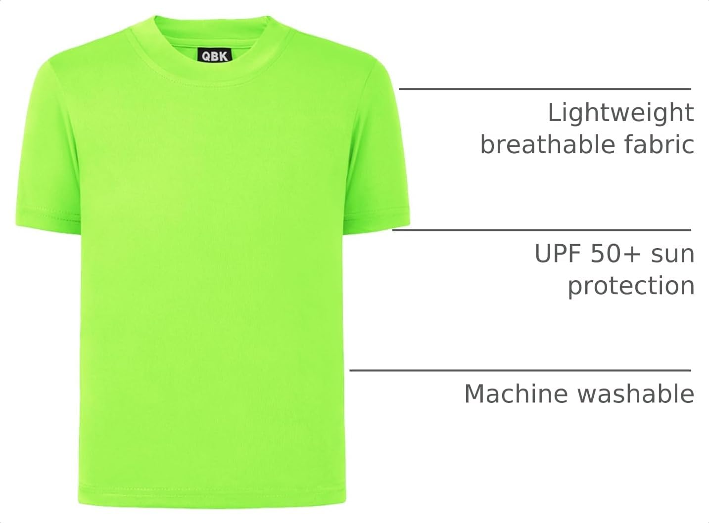 Detalle de QBK Kids Neon Dry-Fit Rash Guard, UPF 50+, Quick-Dry Short Sleeve
