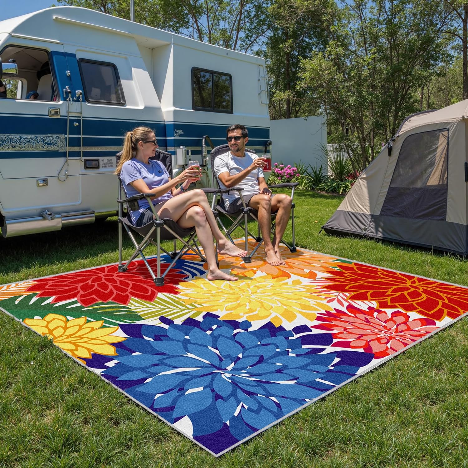 Thumbnail 6 de Colorful 9x12 Outdoor Area Rug: Multicolor Floral Chenille, Washable & Non-Slip