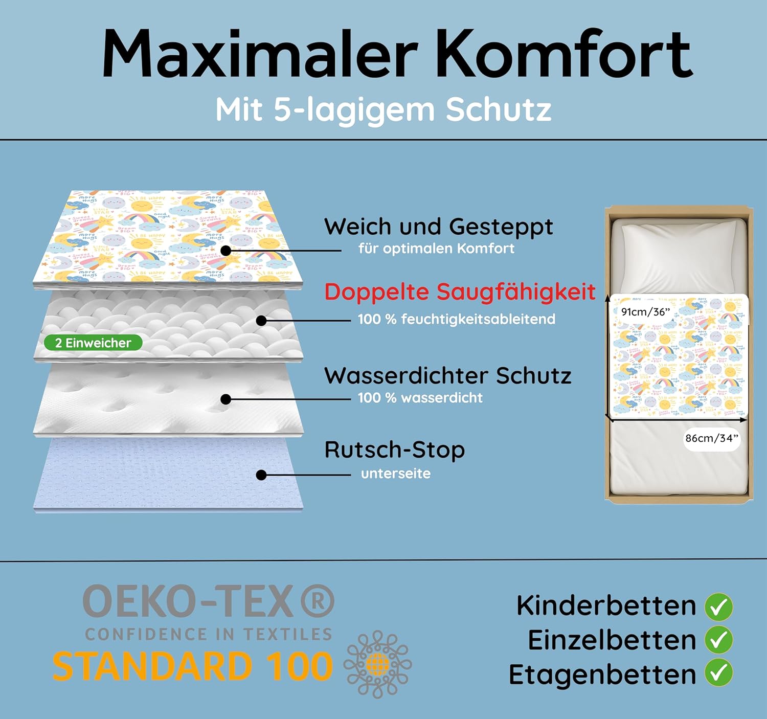 Detalle de Bedwetz® Bettunterlagen für Töpfchentraining, 100% wasserdicht – 86 x 91 cm (Plus Biesen), Mond-Design, 2er-Set
