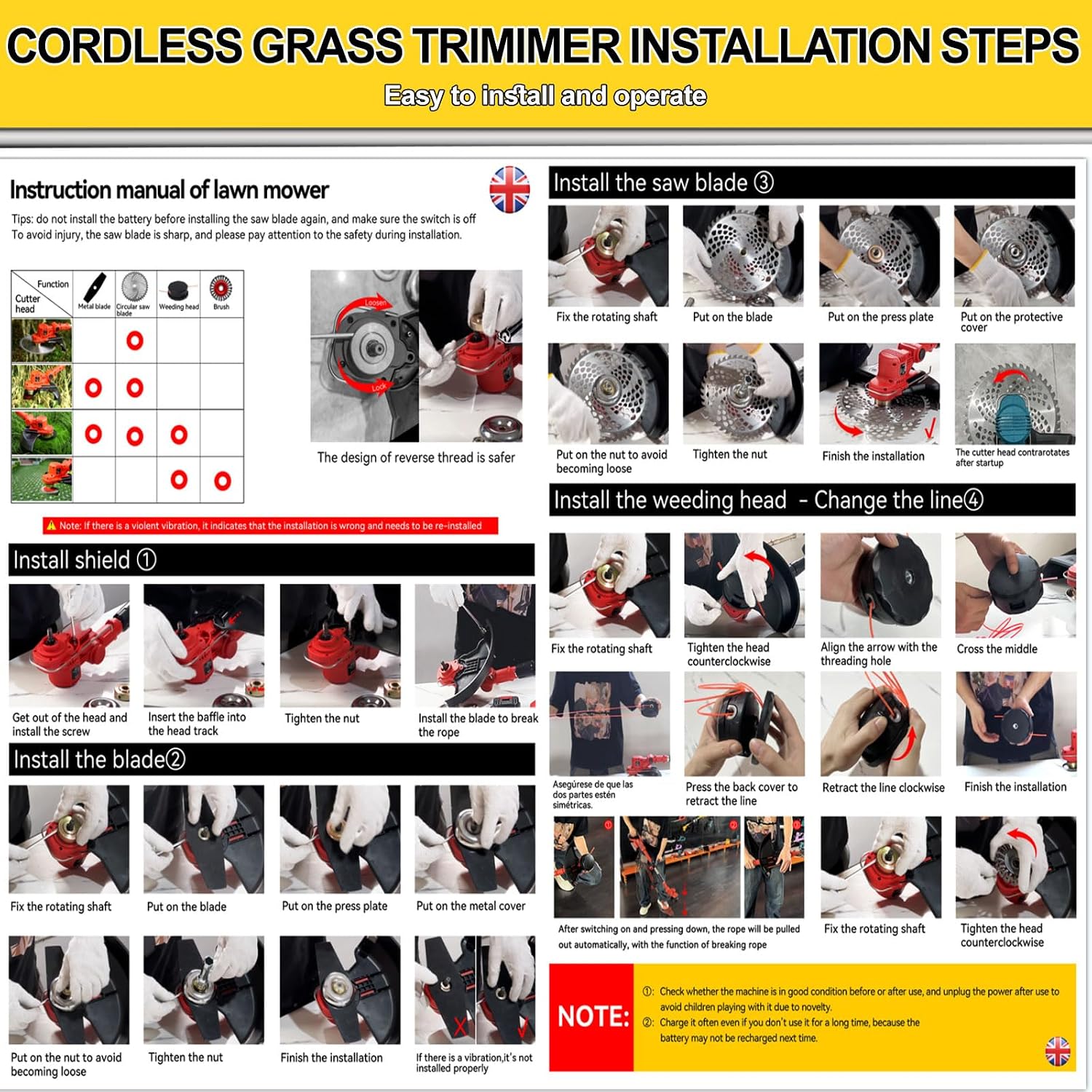 Thumbnail 6 de Cordless Grass Trimmer 21V Strimmer with 2 x 4000mAh Batteries and 4 Types Blades