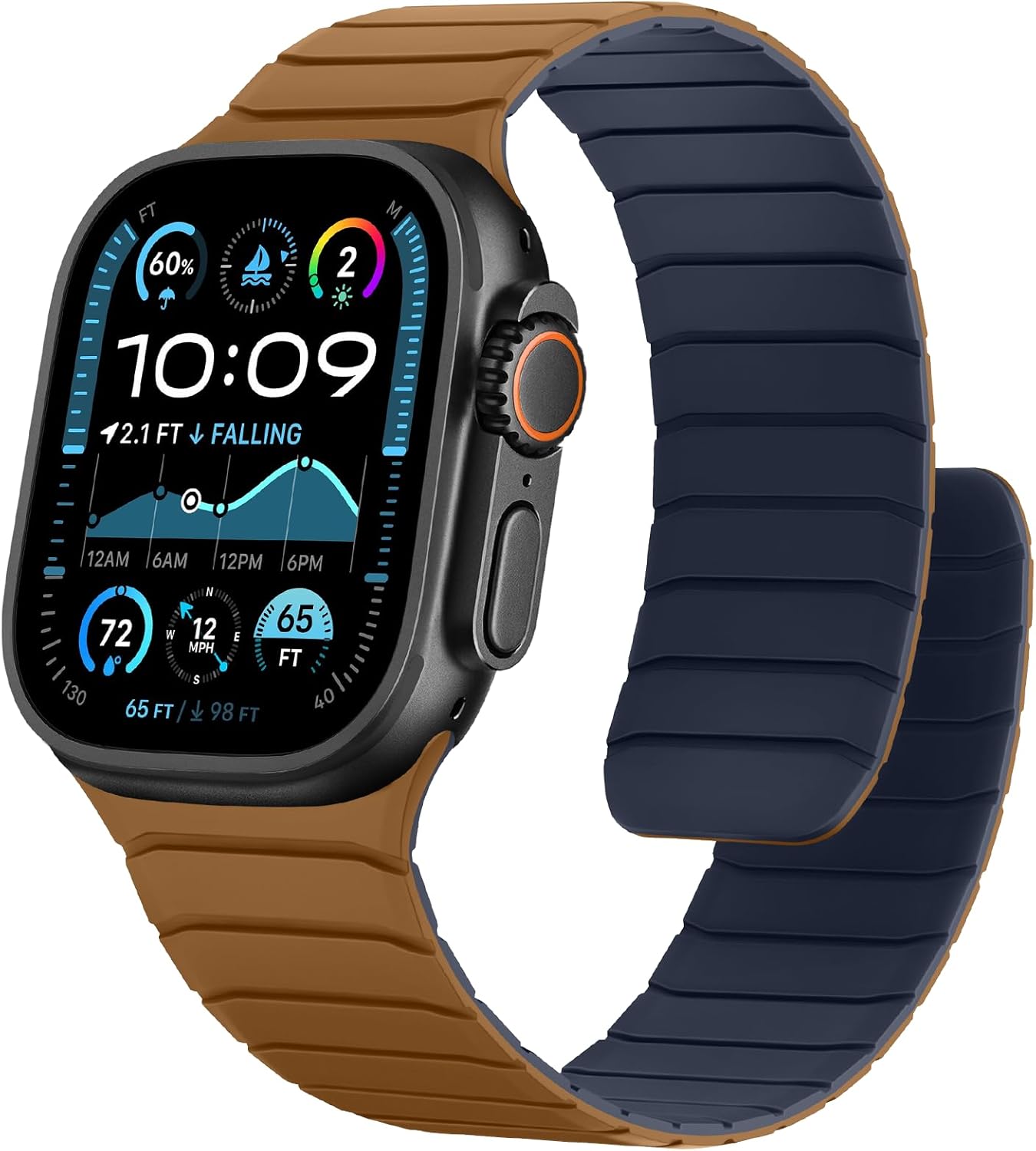 Detalle de Sixmoat Magnetic Silicone Strap for Apple Watch (42mm/41mm/40mm/38mm) – Brown-Indigo, 150–215mm wrists