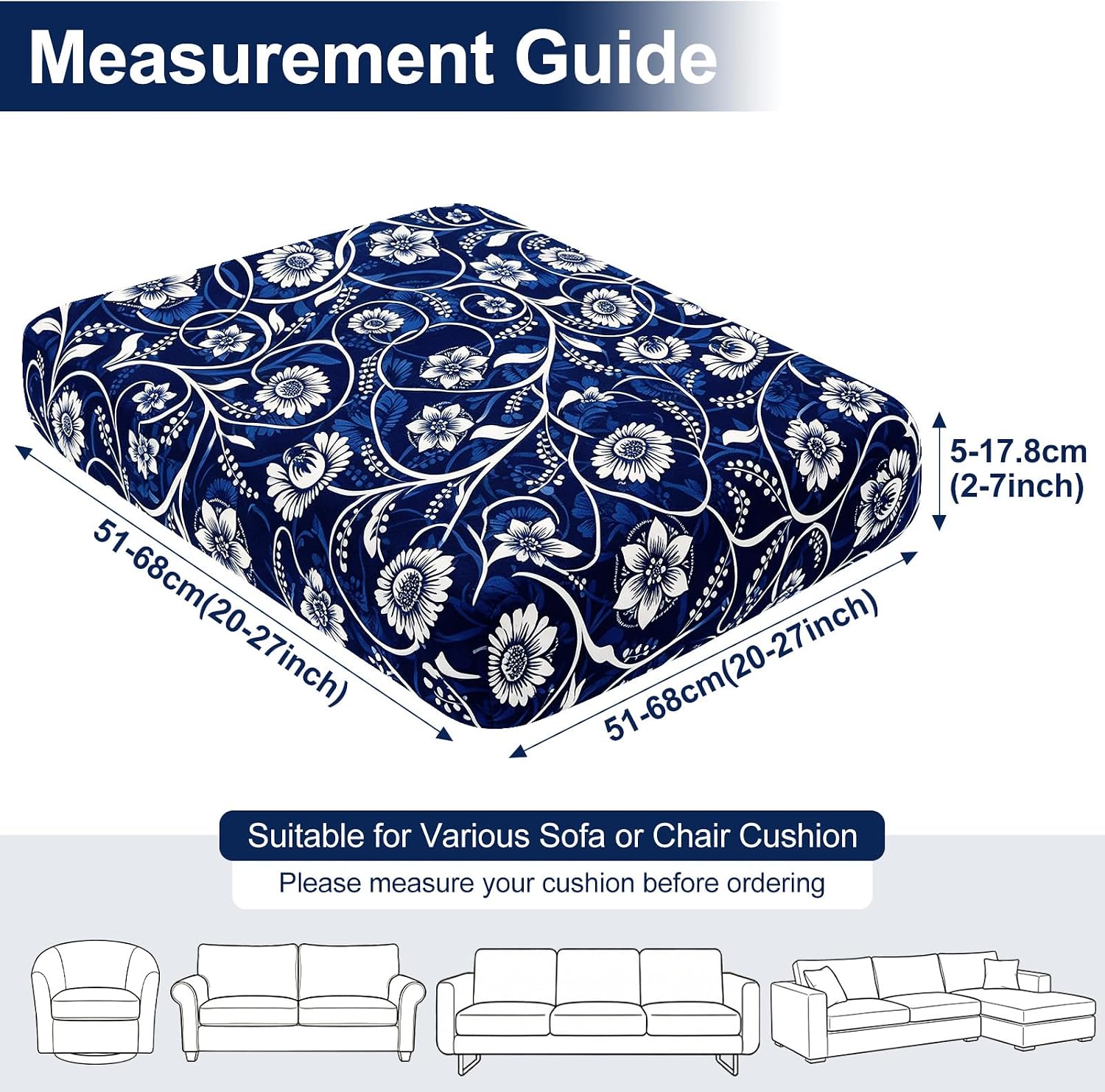 Detalle de Smiry HWZDT004 Stretch Patio Cushion Covers, Navy Floral, Waterproof, 4-Piece